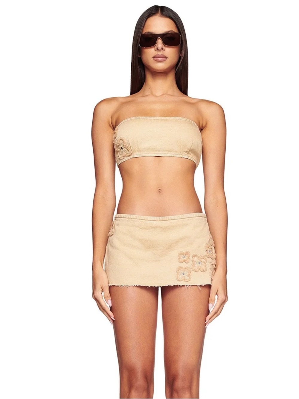 I.AM.GIA “Fauna” Tan Denim Floral Appliqué Mini Skort Size XXS New With Tags!